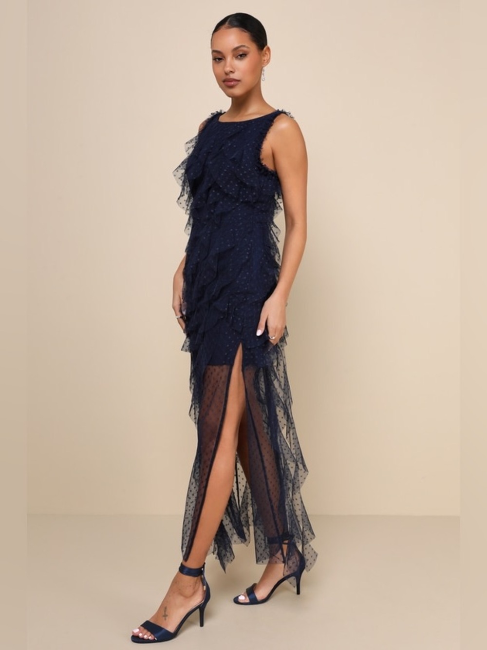 Lulu's Striking Aesthetic Navy Blue Mesh Ruffled Swiss Dot Maxi Dress